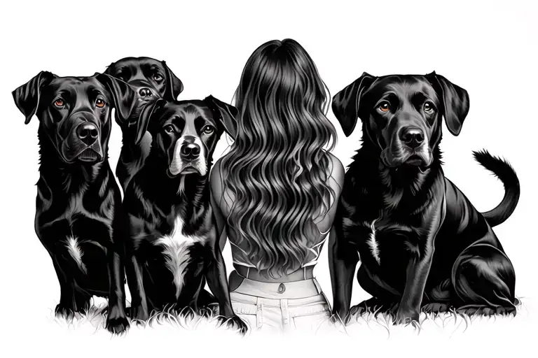 Woman And 4 Dogs From Behind