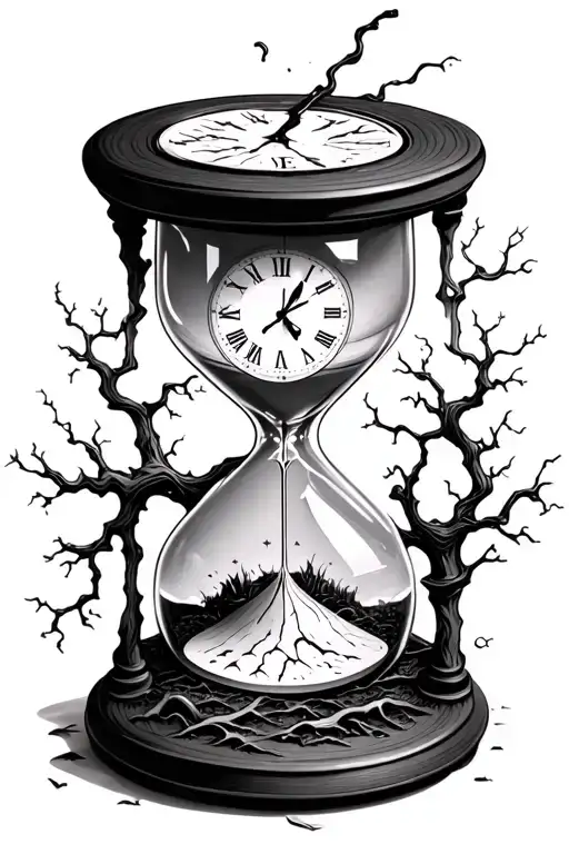 Hourglass With Broken Clock Pouring Into Tree Of Life In The Bottom Of The Hourglass