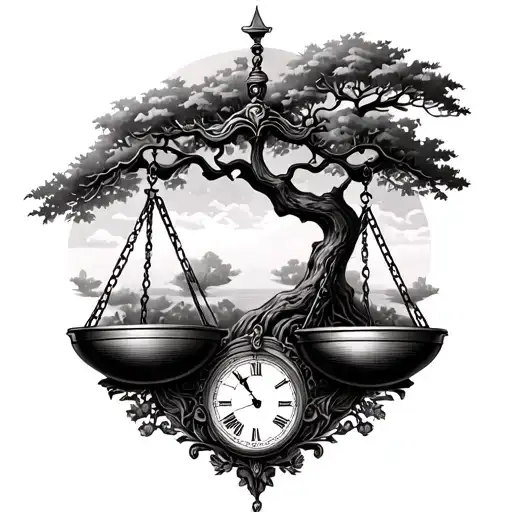 Libra Scale With A Tree And Clock Works