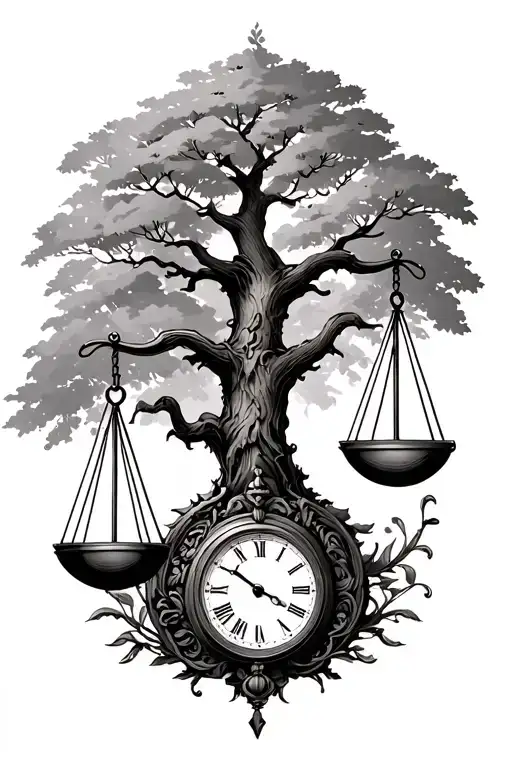 Libra Scale With A Tree And Clock Works