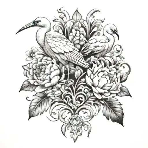 An Elegant Fleur-de-lis Design With Peonies And White Ibis Birds Intertwined