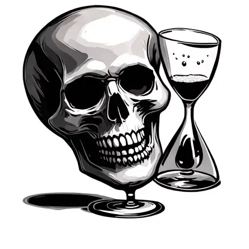 Face And Skull Holding Hour Glass With Sand Falling