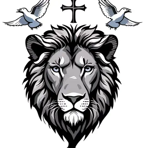 Lion And Lamb Face With Cross And Dove Above