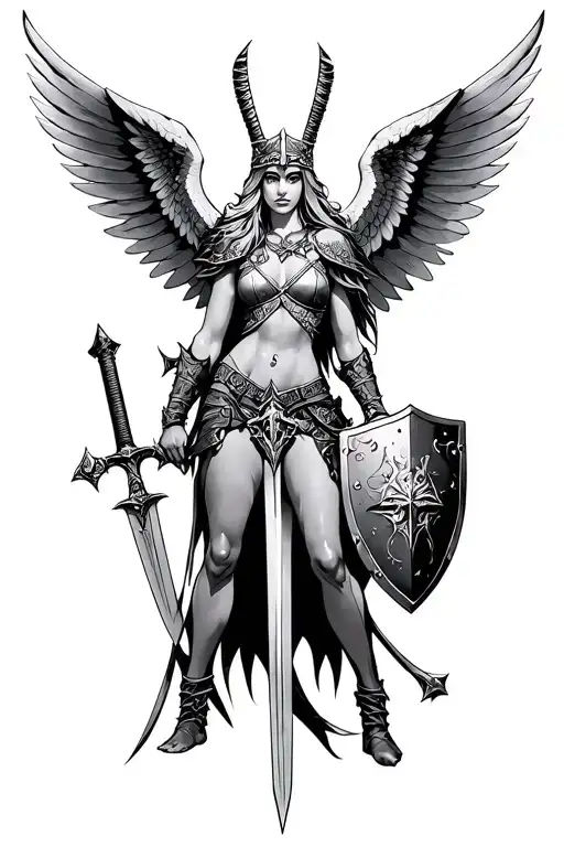 Valkyrie With Wings And Sword And Shield