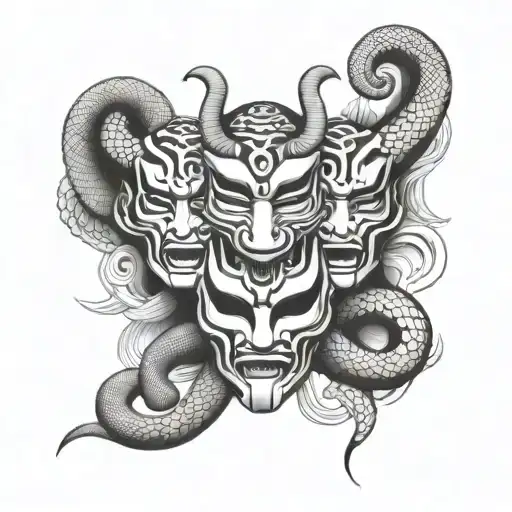 Japanes Style With 3 Hanya Masks With A Snake Going Through Ones Eyes Ones Mouth And Ones Ears