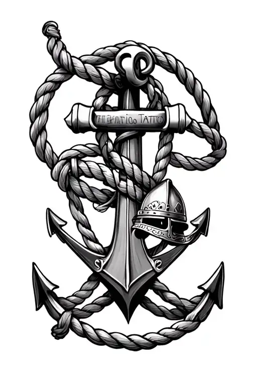 Denmark Inspired Tattoo With Anchor Surrounded With Rope And A Small Viking Helmet