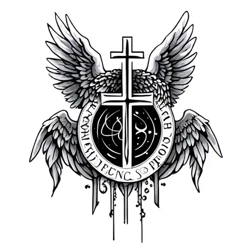 Angel Wing Tattoo For Arm Contains Catholic Cross And Capricorn Zodiac Sign With Space For Initials