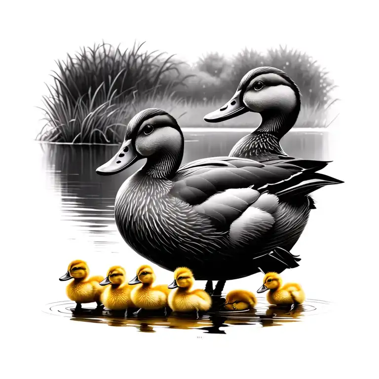 Adult Duck And 4 Ducklings Following Their Mother