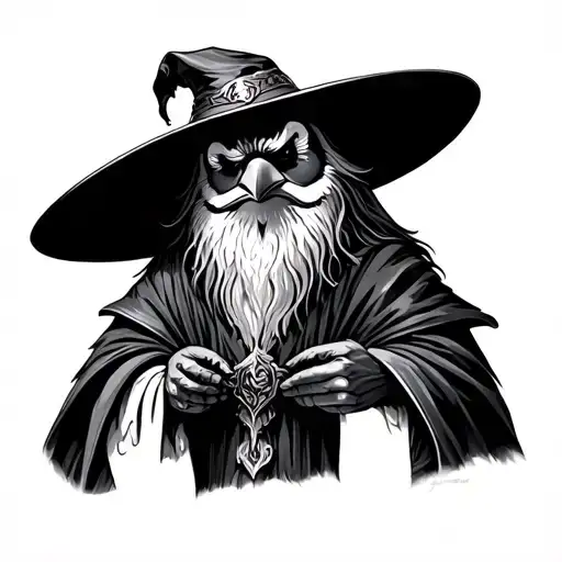 Forearm Tattoo Of A Penguin Dressed As Gandalf