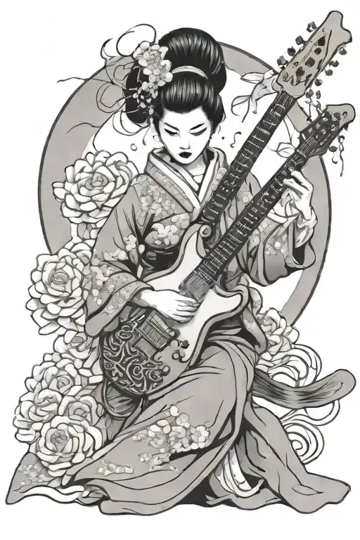 Traditional Japanese Geisha Playing Electric Guitar