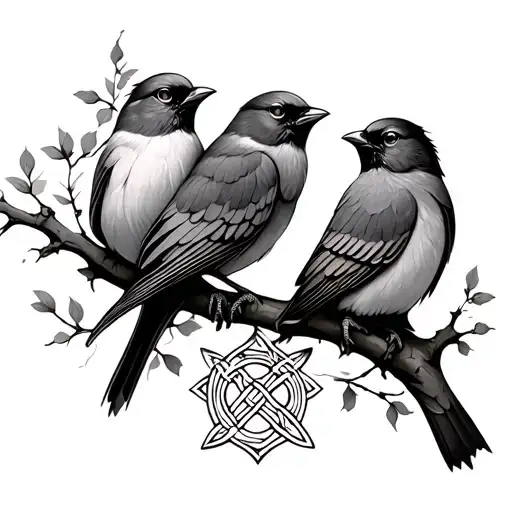 Three Birds On A Branch With A Celtic Knot In The Branch
