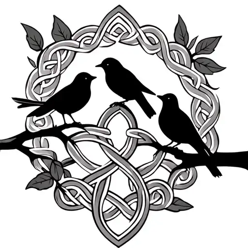Three Birds On A Branch With A Celtic Knot In The Branch Simple Stick Style