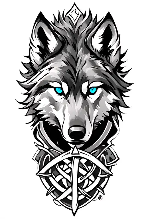 Wolf With Blue Eyes On Armor Tattoo Design Featuring Celtic Trinity Knot