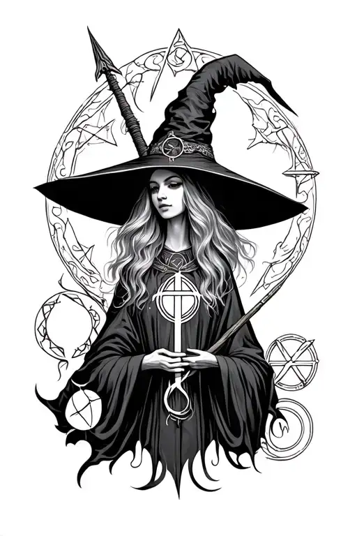 Witch And Religious Symbols Intertwined