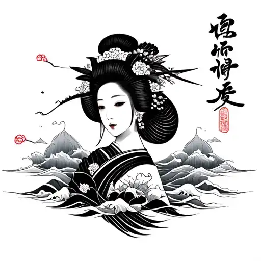 Black Symmetric Tattoo Of A Japanese Geisha With Japanese Wave On Both Side