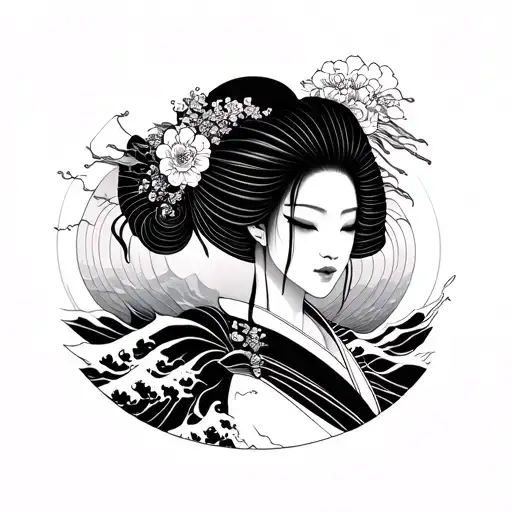 Black Symmetric Tattoo Of A Japanese Geisha With Japanese Wave On Both Side