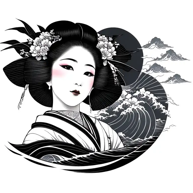 Black Symmetric Tattoo Of A Japanese Geisha With Japanese Wave On Both Side