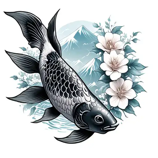 Koi Fish With Flower Background Nad Mountain