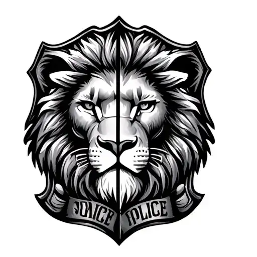 Half Lion Face And Half Police Badge Intertwined