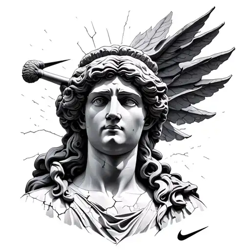 Make A Nike Statue Tattoo Realism Black And Grey With Cracks In The Statue