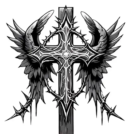 Cross With Wings And Thorns Going Down