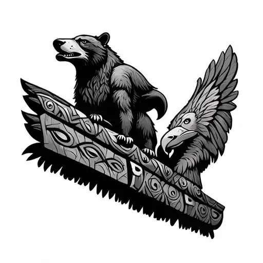 Totem Pole Including A Bear And Eagle And A Wolf In Black And White