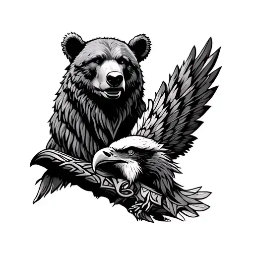 Totem Pole Including A Bear And Eagle And A Wolf In Black And White