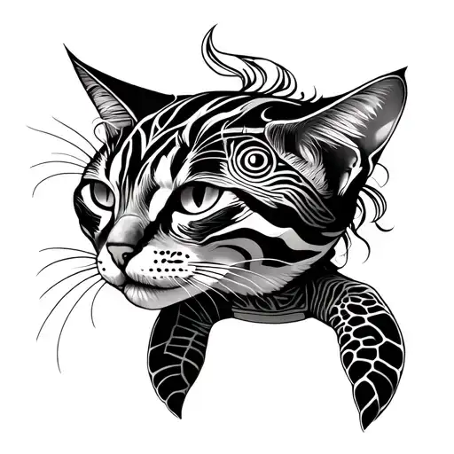 Tribal -Haired Cat Head With Sea Turtle