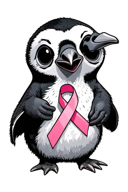 Penguin Holding Cancer Ribbon With Beak Open