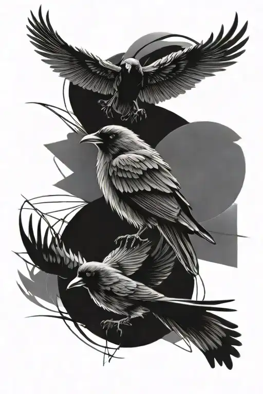 Crows Fly And Abstract Lines Wrap Around Them