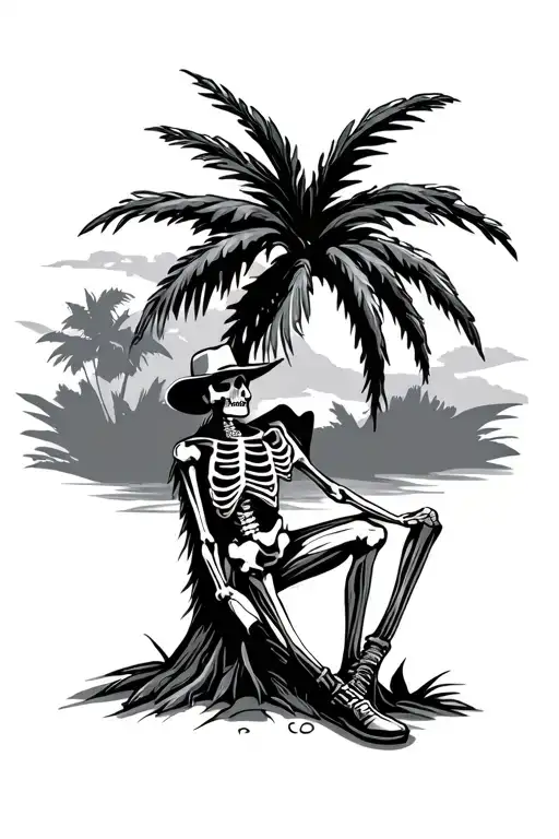 Cowboy Skeleton Leaning Against Palm Tree