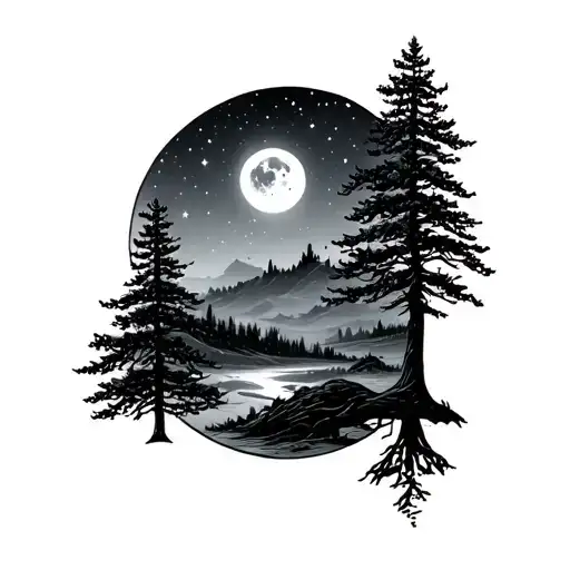 Pint Trees At Night With Moon And Stars Sleeve