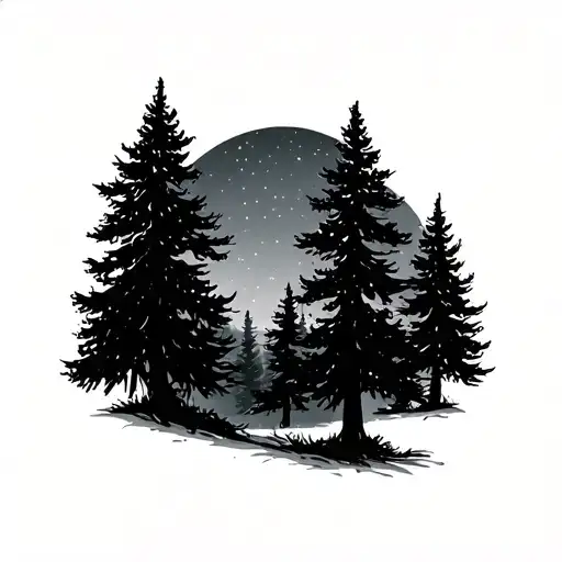 Pint Trees Forest At Night With Stars