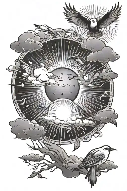 Sun Raying Across With Clouds And Birds