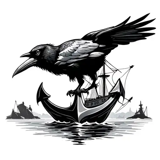 A Raven Perched On Top Of A Large Ship Anchor Drawn In Ink With Ship In Background