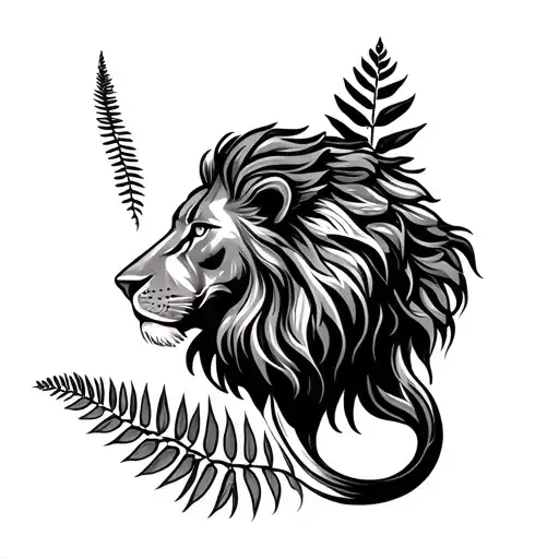 Lion And Fern Plant Intertwined Symbolizing New Zealand And South African Cultures