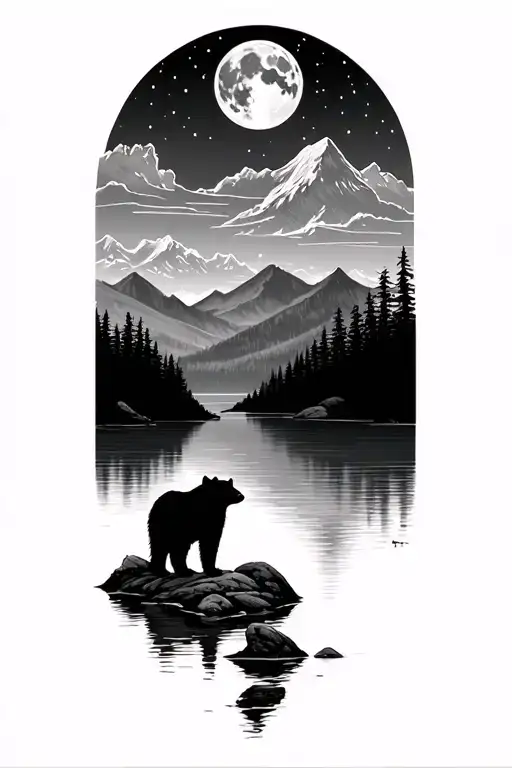 Mountain Outdoor With Lake And Bear Silhouette Under A Night Moon Filled Sky