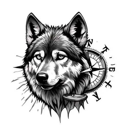 Wolf Face With Compass And Sand Clock