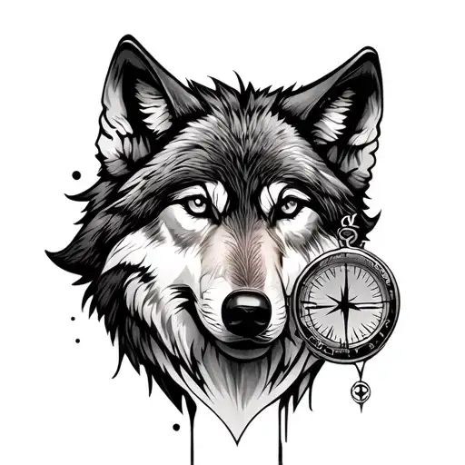 Wolf Face With Compass And Sand Clock Colored