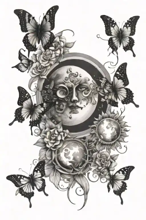 Moon Sun And Butterflies Flying