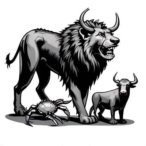 Lion Dad With Left Side Crab Kid And Right Side Bull Kid