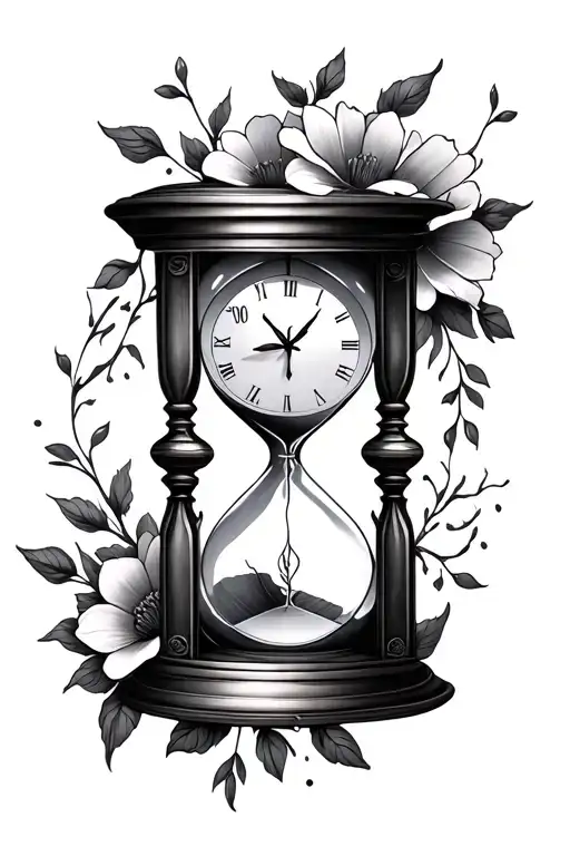 Hourglass With Broken Clock And Flowers