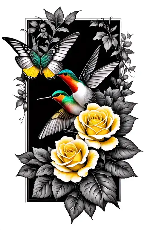 Butterfly With Yellow Roses And A Hummingbird Surrounded