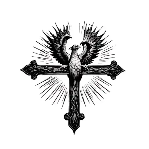 Old Rugged Cross Phoenix Rising In Sunrays Tattoo Designs