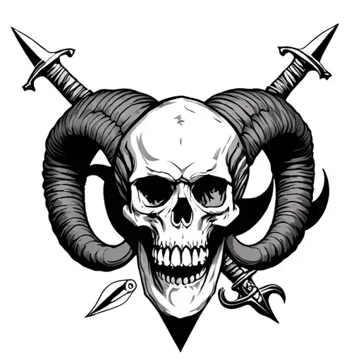 Aries Head With Skull And Dagger Incorporating Into The Design