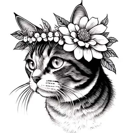 Cat With Flower Crown On Head Thin Line Work