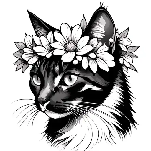 Cat With Flower Crown On Head Thin Line Work Animates