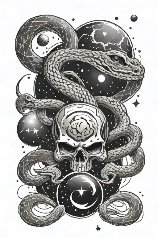 Snake Swirling Around Planets With Constellations And Stars And Skulls