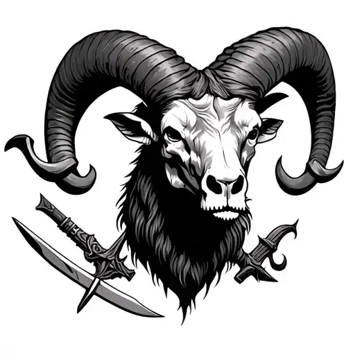 Aries Ram Head Looking Toward The Ground With Skull And Dagger Incorporating Into The Design