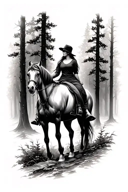Women Riding A Horse In Forest Memoral